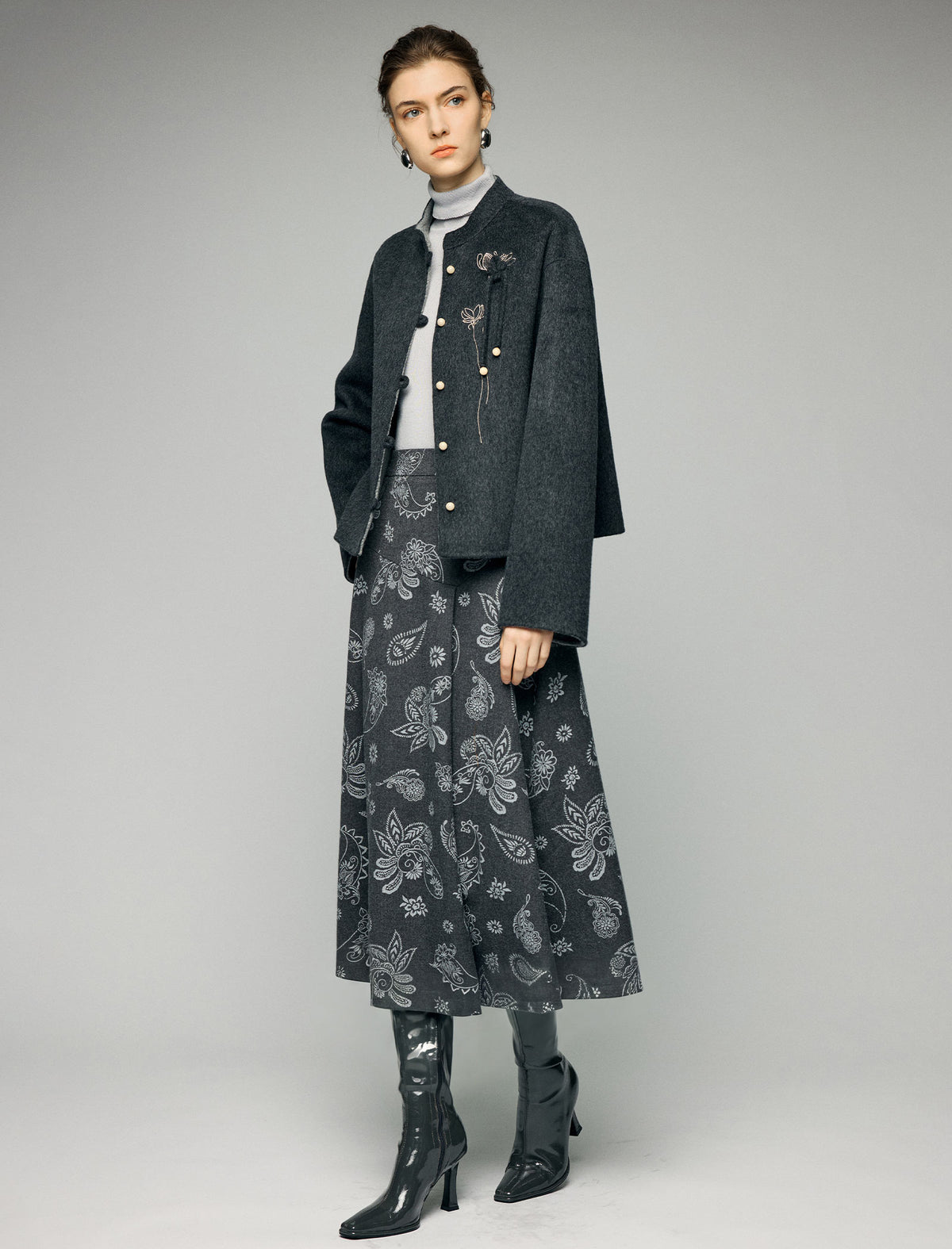 Wool Blend Frog-Button Fringe-Trim Stand-Collar Cropped Jacket