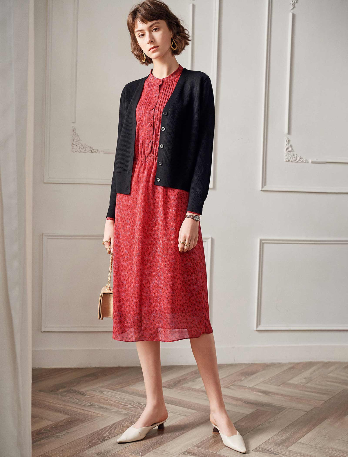 Red Ditsy Print Long Sleeve Midi Dress