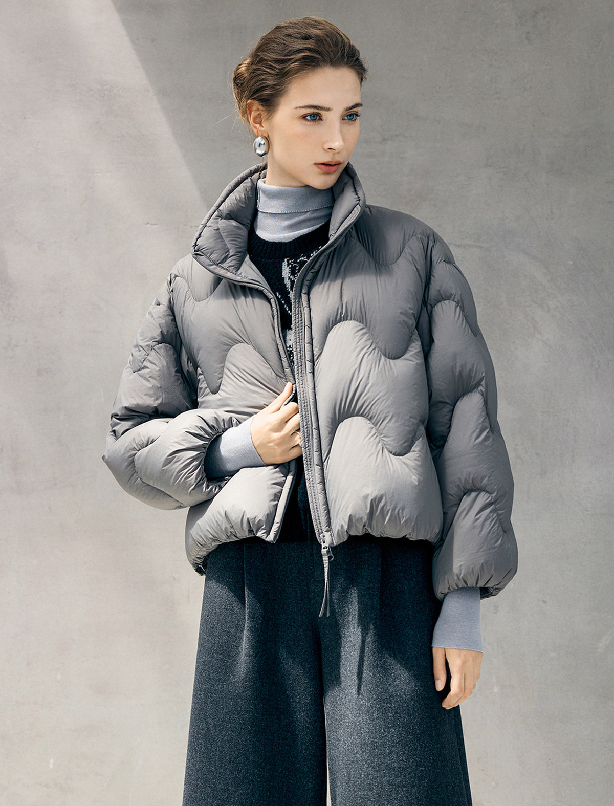 Wave-Quilted Stand-Collar Balloon-Sleeve Cropped Puffer Jacket