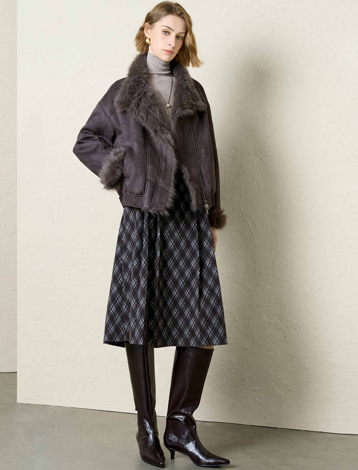 Faux Suede Fur Trim Cropped Jacket