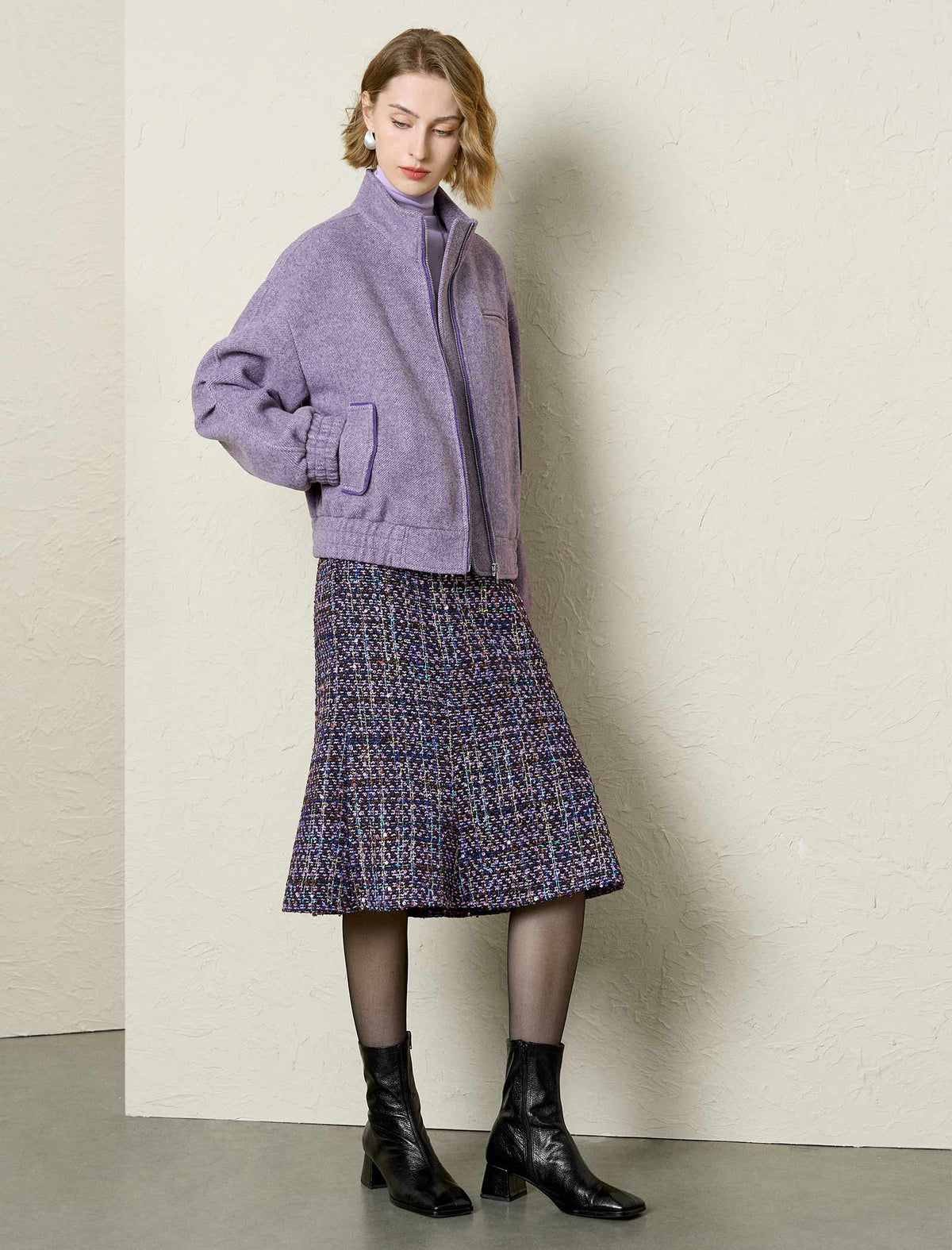 Lavender Textured Wool Blend Bomber Jacket