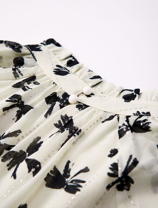 Floral Print Chiffon Ruffled Neckline Blouse