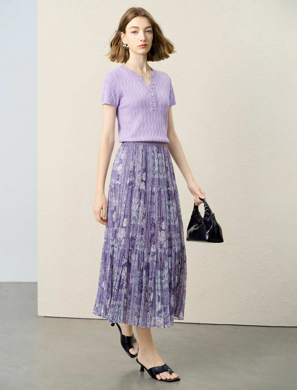 Purple Paisley Print Tiered Midi Skirt