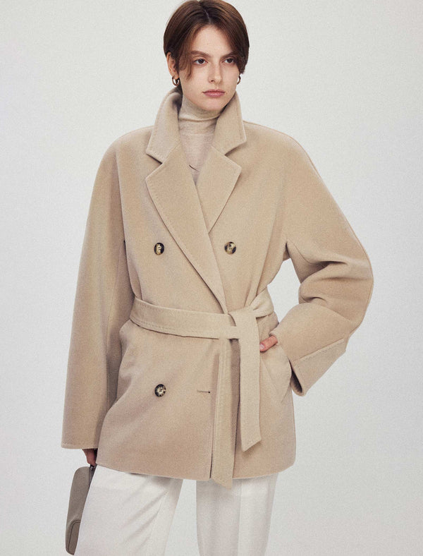 Wool-Cashmere Blend Double-Breasted Short Coat