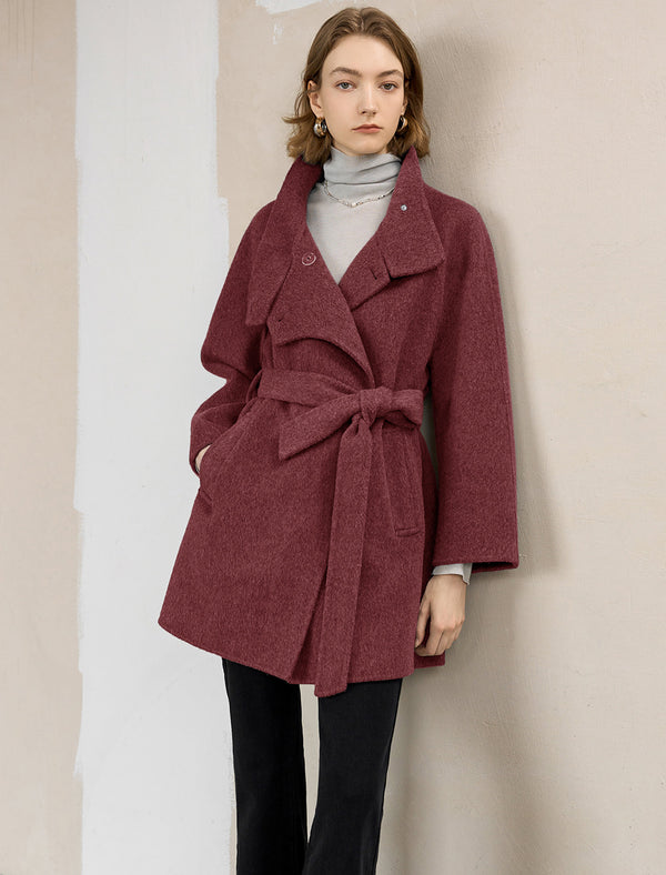 Wool-Blend Button Detail Self-Tie Coat