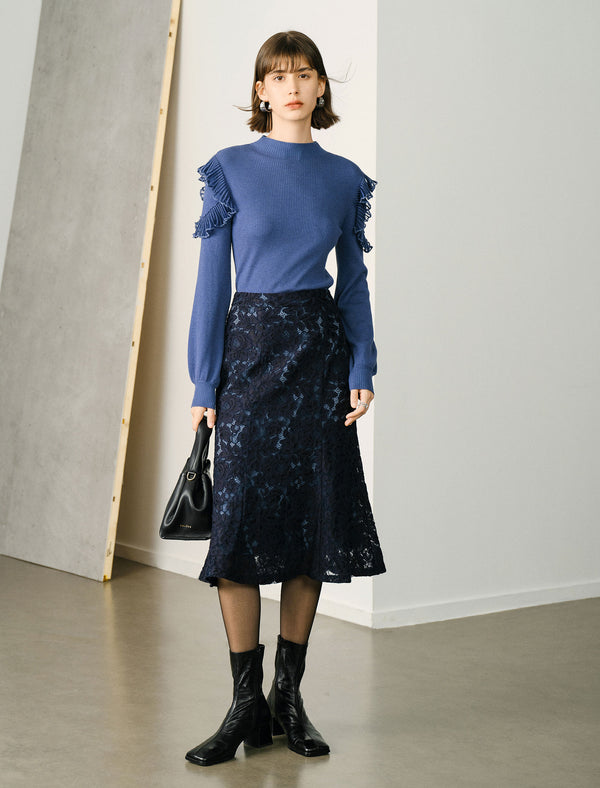 Floral Lace Flared Hem Midi Skirt