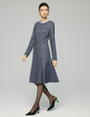 Beaded Crewneck Purple Check Fit Flare Dress