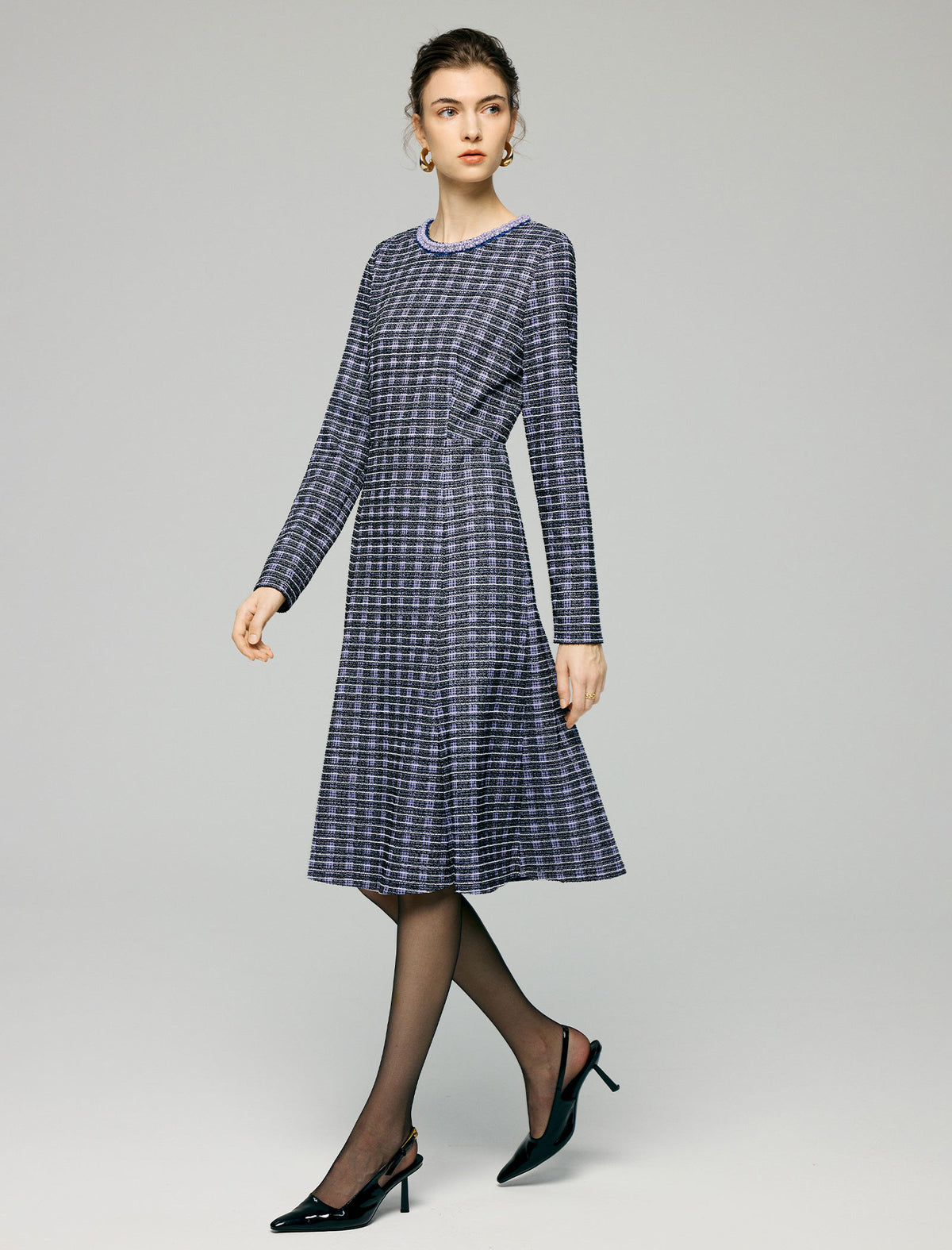 Beaded Crewneck Purple Check Fit Flare Dress