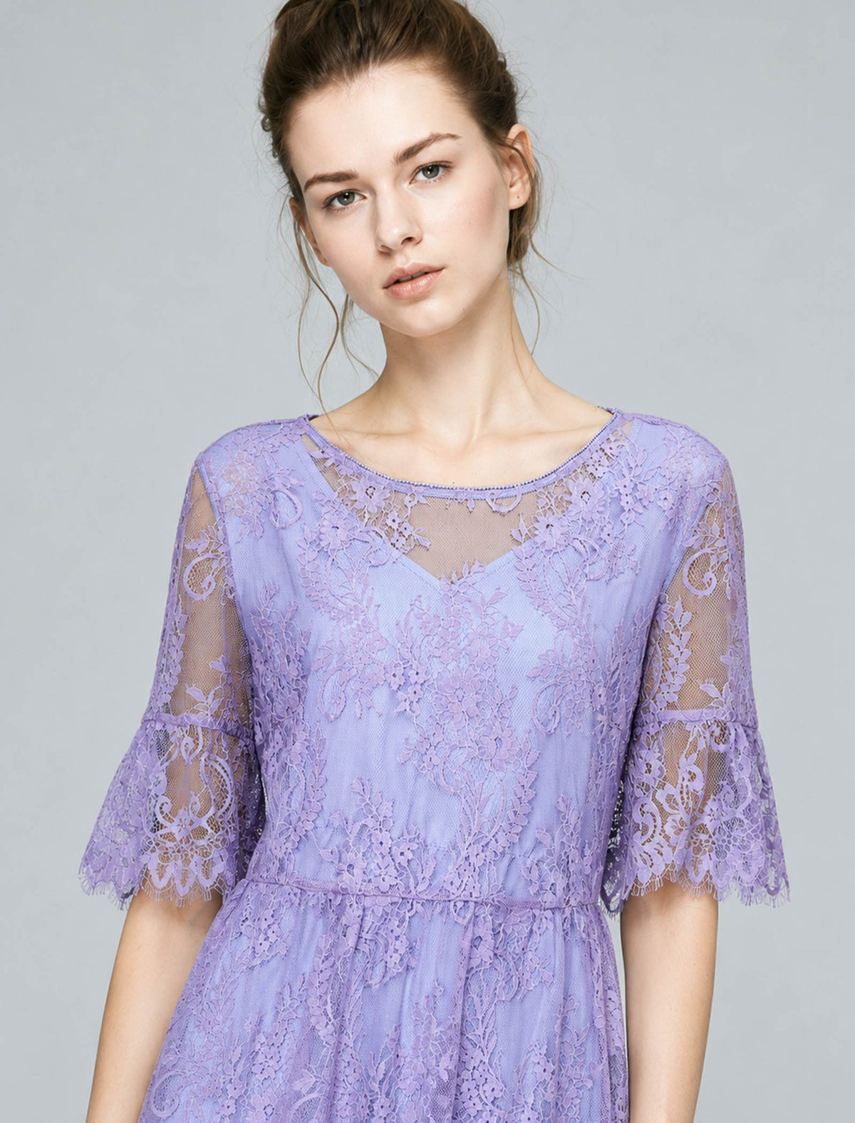 Lace Crew Neck Relaxed 3/4 Sleeve A-Line Dress