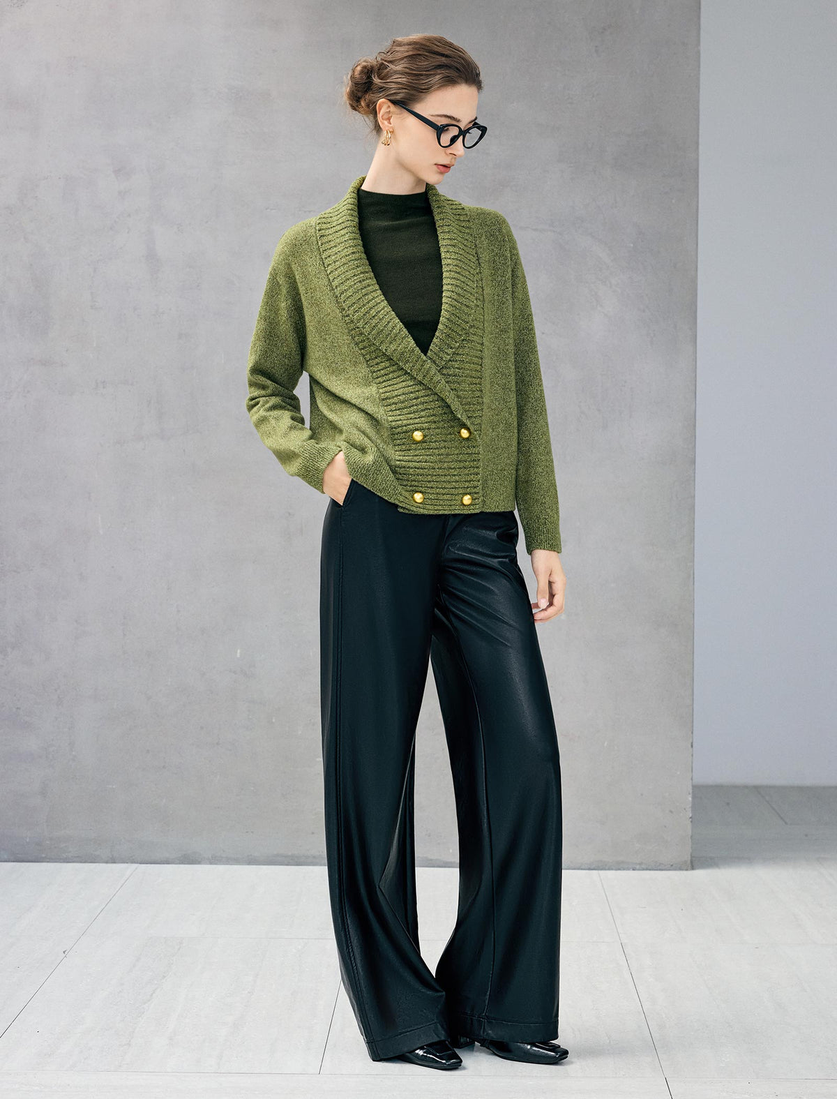 Wool Blend Shawl-Collar Double-Breasted Cropped Cardigan