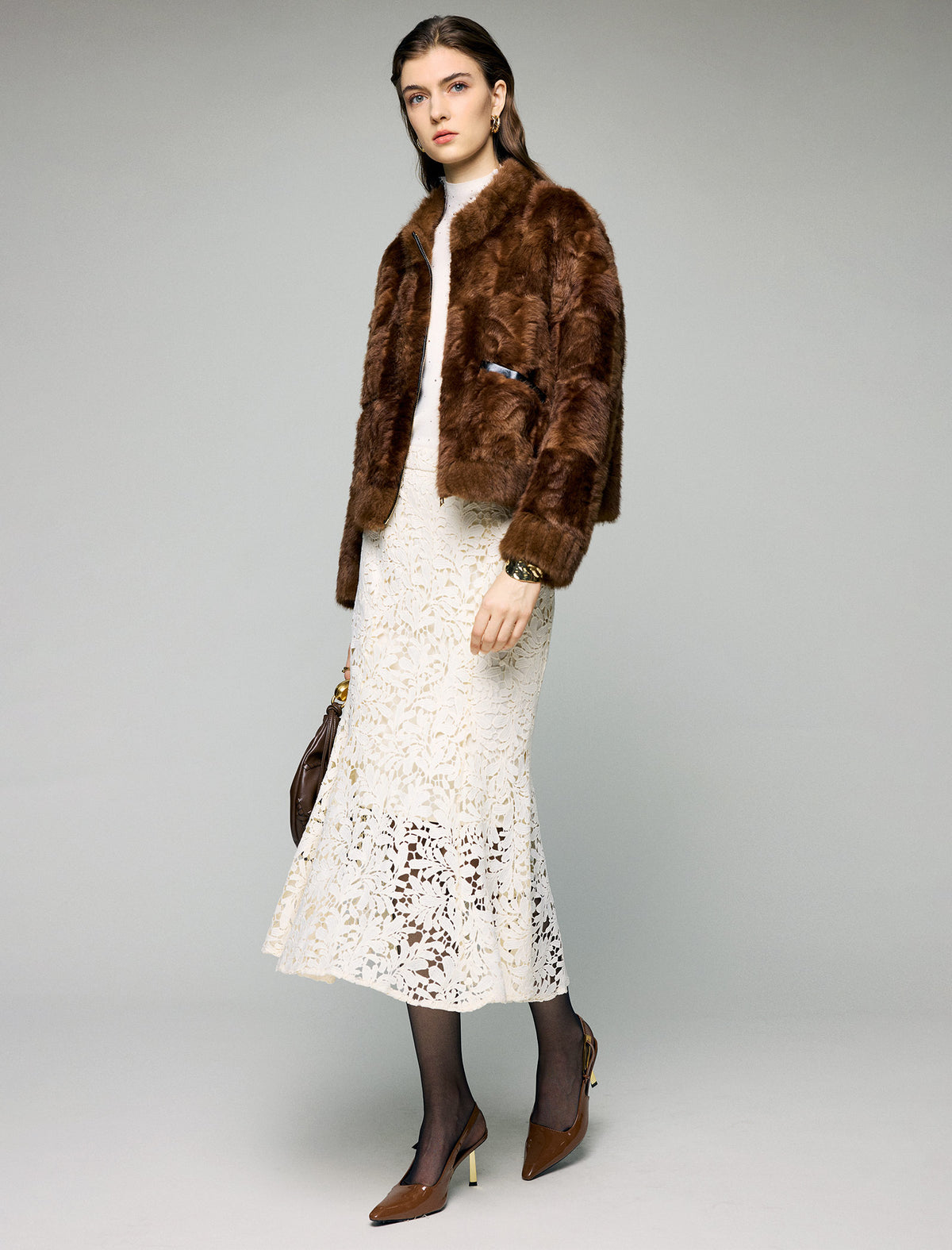 Stand-Collar Ribbed-Cuff Zip-Front Cropped Jacket
