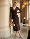 Brown Lace Long Sleeve Midi Dress