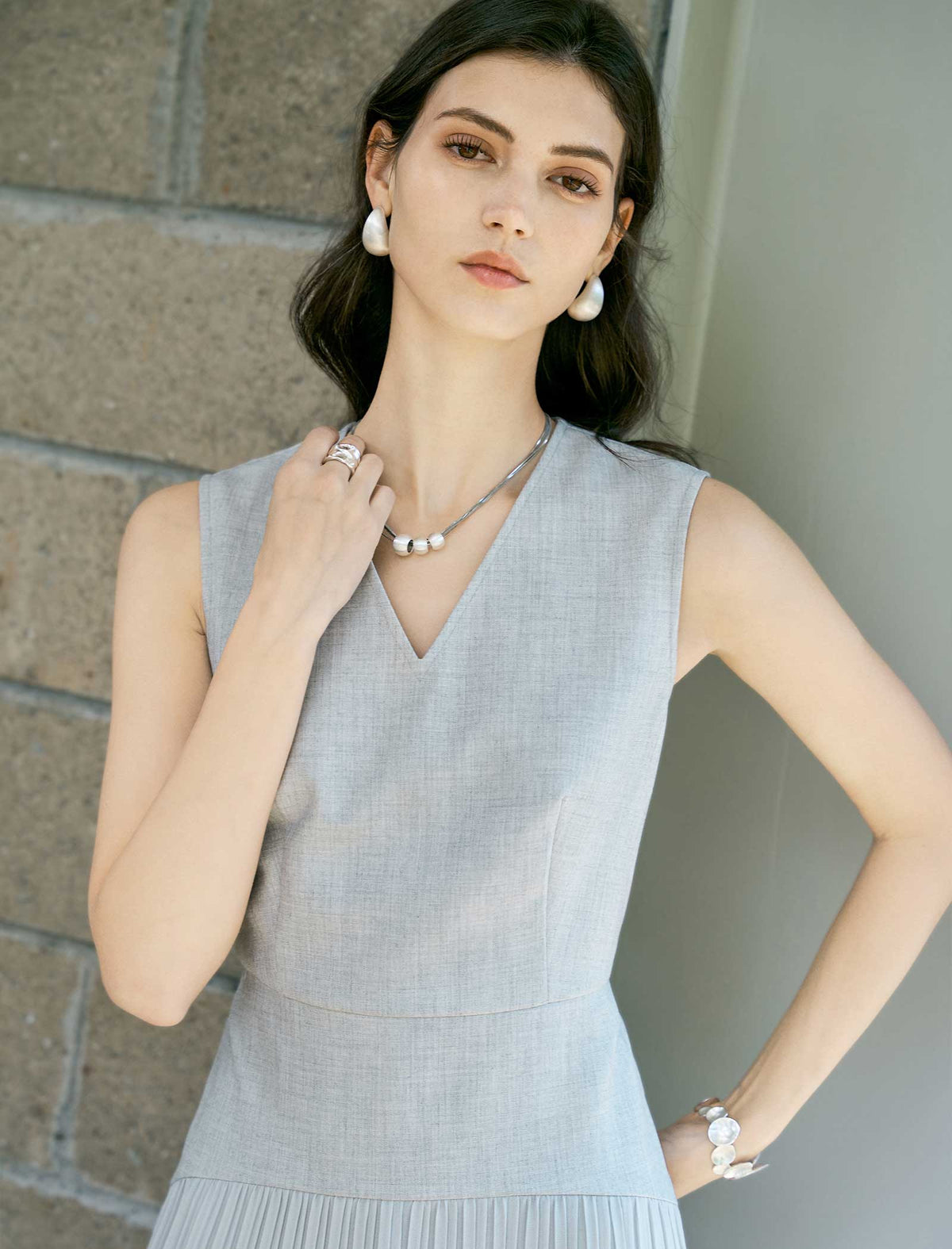 V-Neck Pleated Midi Dress