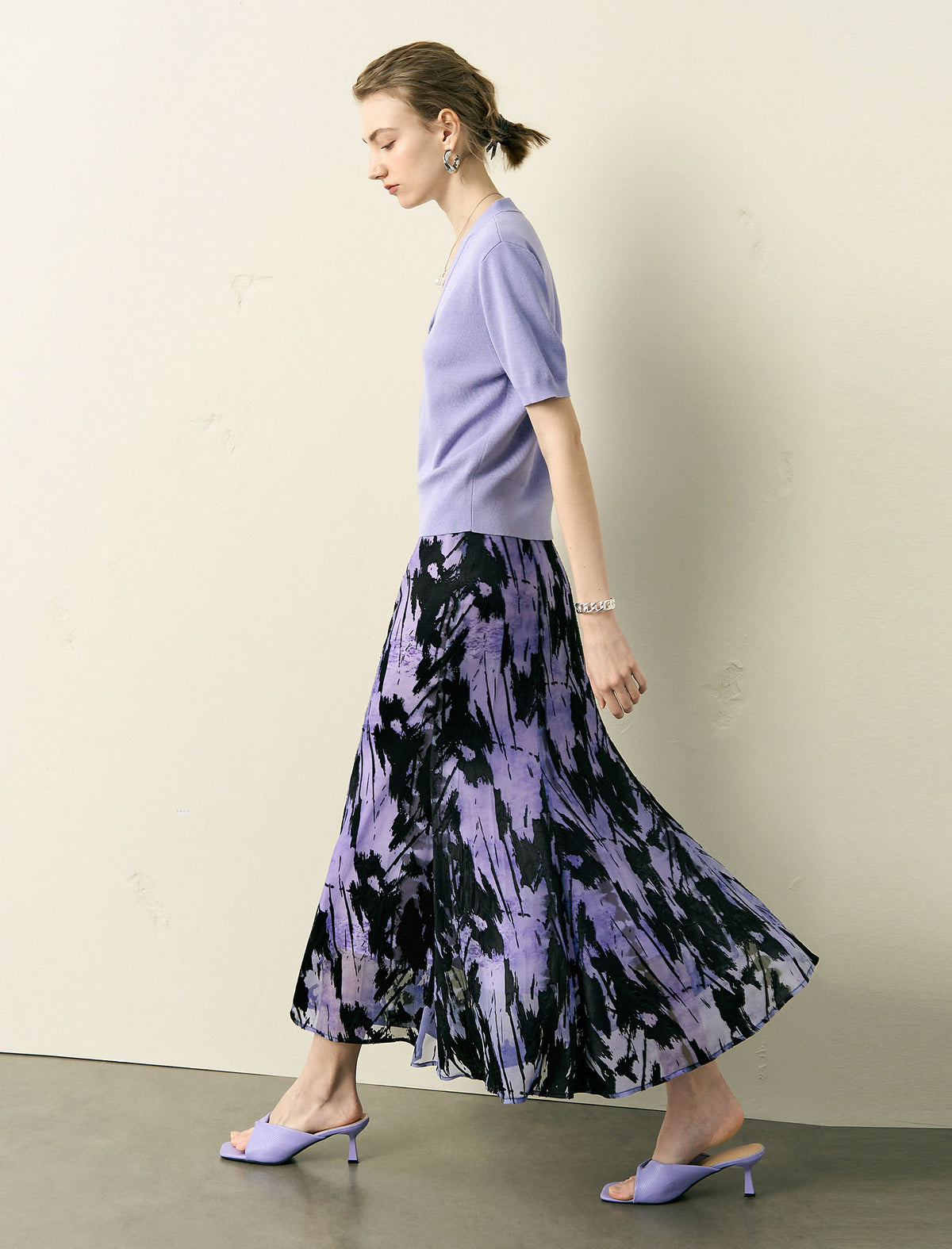Abstract Brushstroke Print Fishtail Midi Skirt
