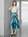 Green Blue Watercolor Print Chiffon Midi Skirt