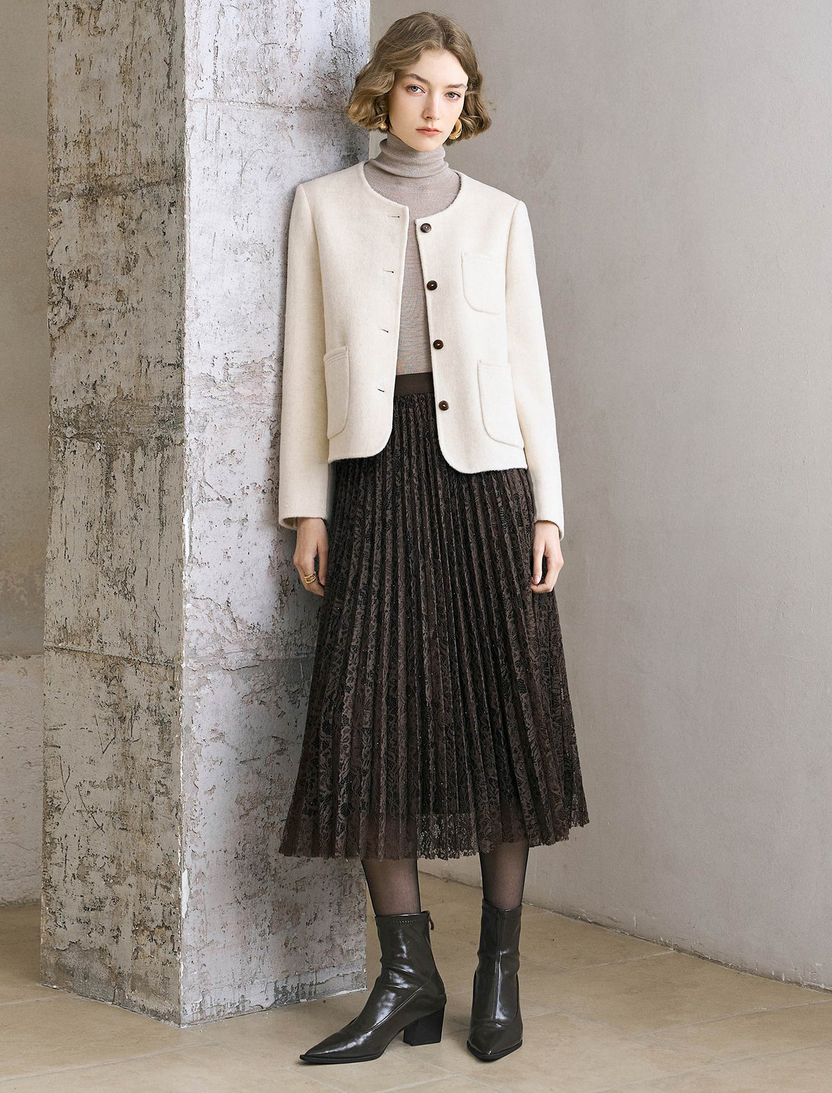 Lace Pleated Midi Skirt