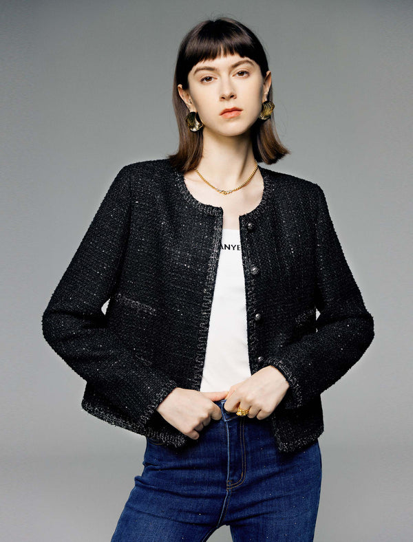 Sparkle Tweed Wool-Blend Cropped Jacket