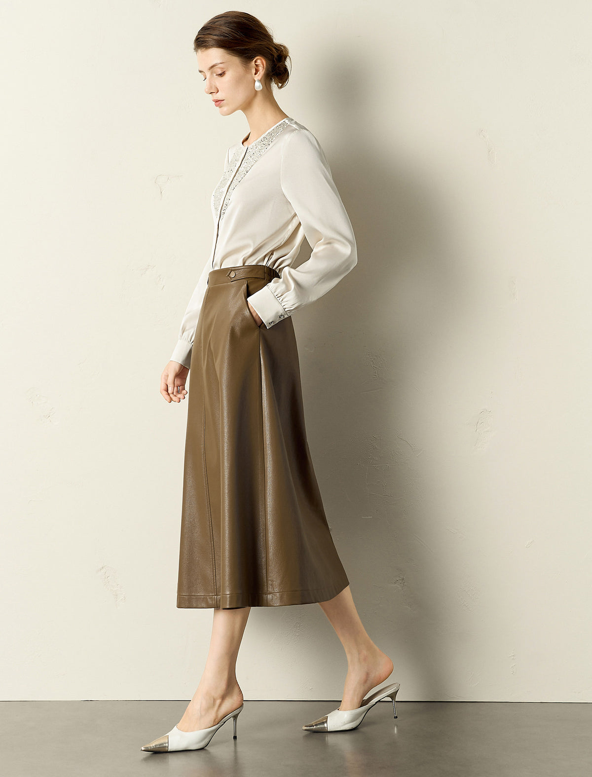 A-Line PU Leather Midi Skirt