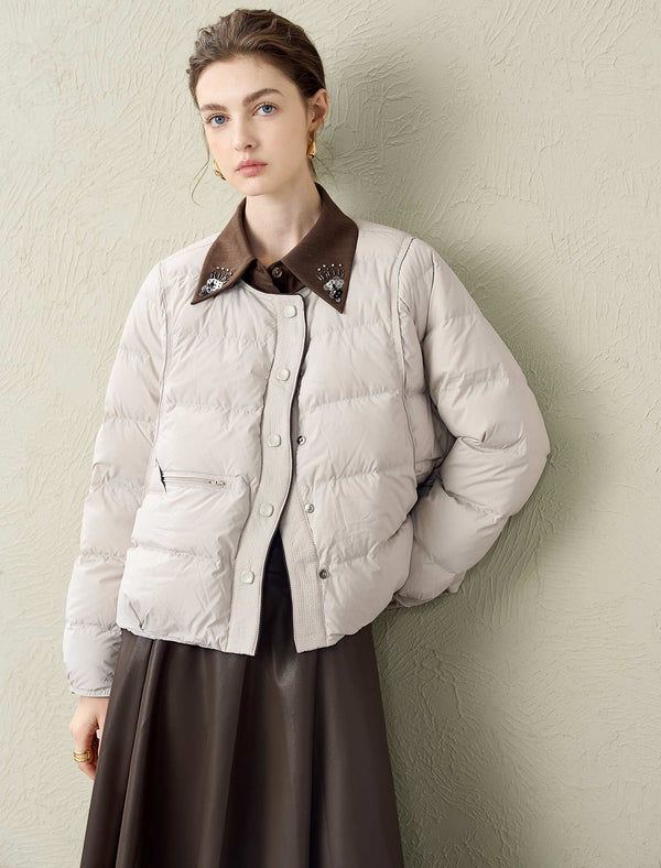 Quilted Contrast Detail Round Neck Down Jacket