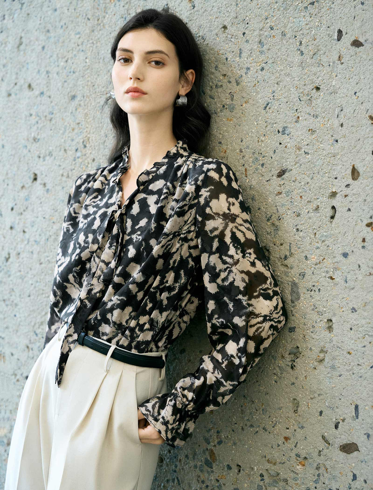 Black Tie-Dye Tie-Neck Blouse