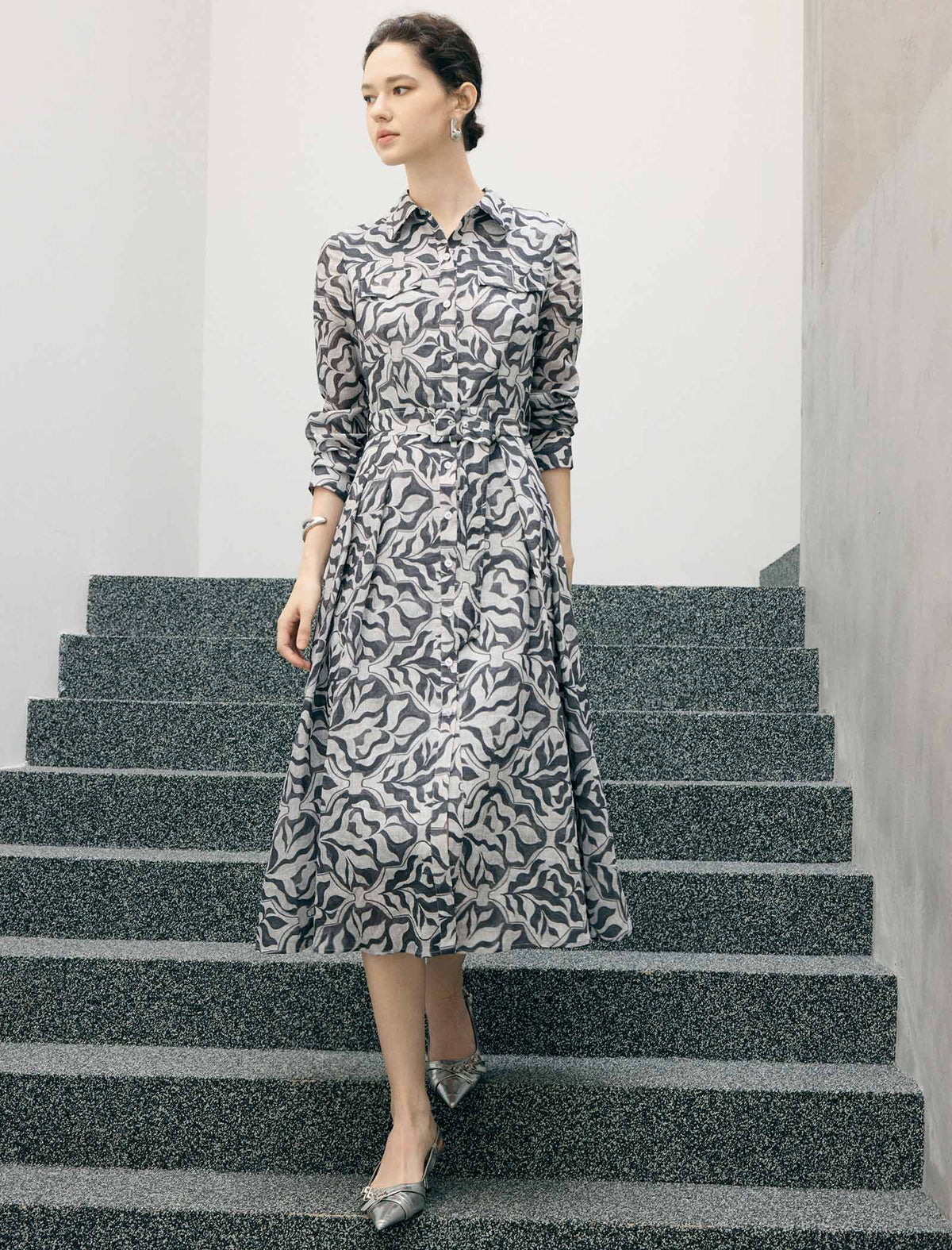 Abstract Floral Print Belted Long Sleeve Midi Shirt Dress