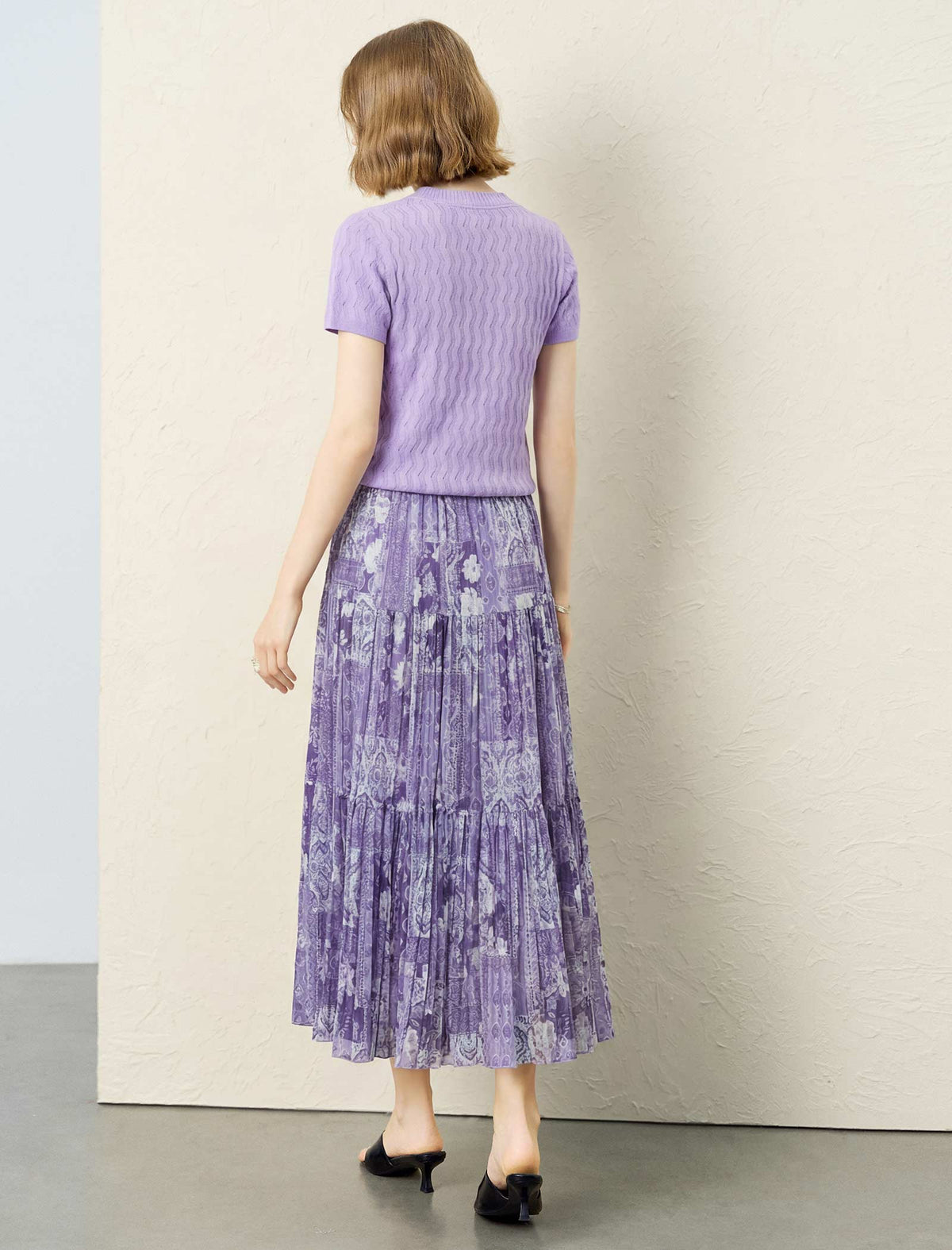 Purple Paisley Print Tiered Midi Skirt