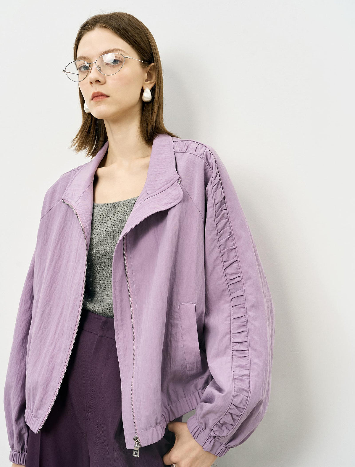 Stand Collar Zip Front Utility Jacket Coat