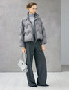 Wave-Quilted Stand-Collar Balloon-Sleeve Cropped Puffer Jacket