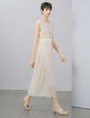 Wave Lace Boat Neck Belted Pleated Midi Dress