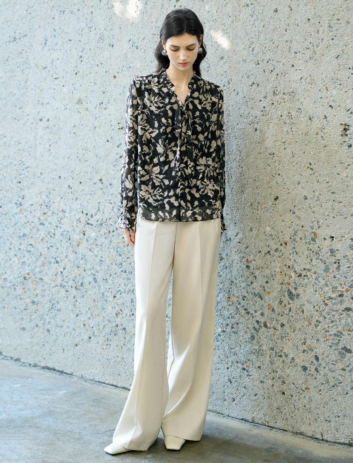 Beige High-Waisted Wide-Leg Trousers