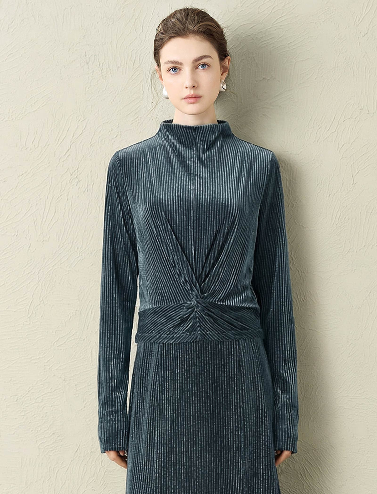 Shimmery Striped Mock Neck Long-Sleeve Top