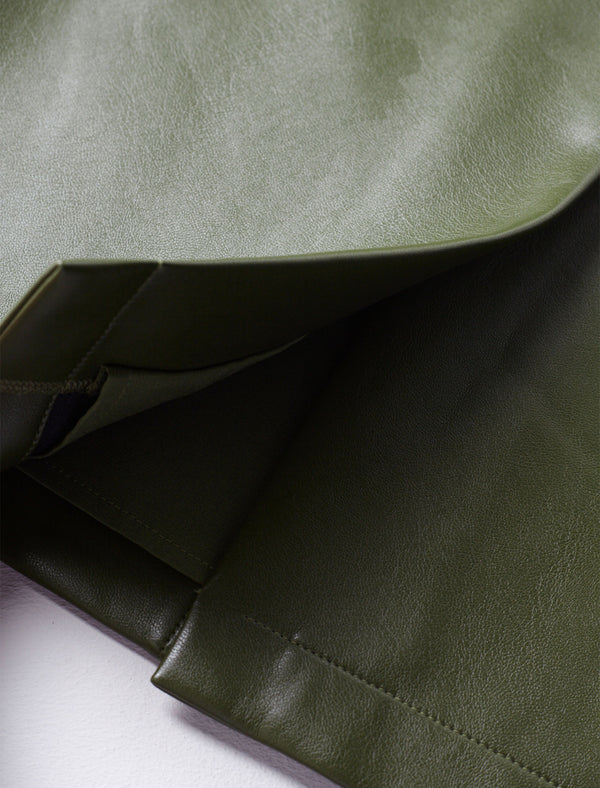 Olive Green Faux Leather Midi Skirt