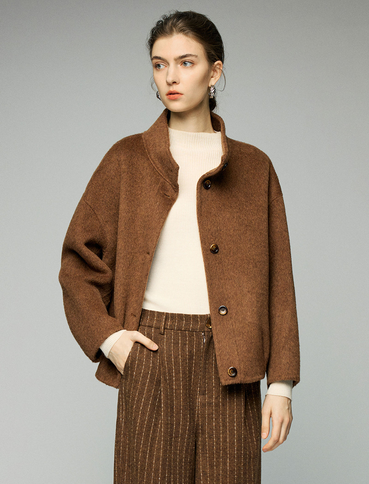 Wool Blend Stand-Collar Button-Front Balloon-Sleeve Cropped Jacket