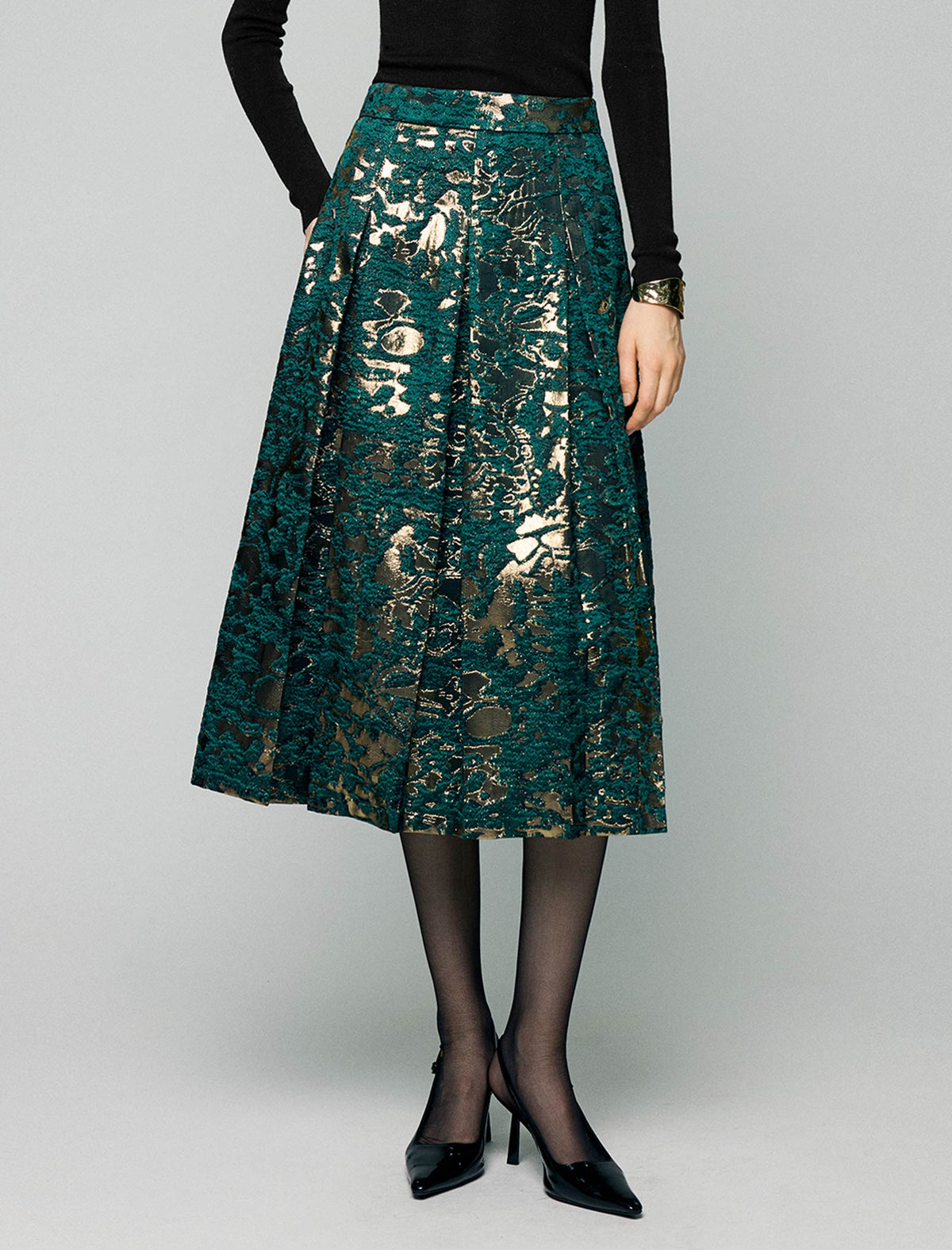 Metallic Floral High-Waist A-Line Midi Skirt