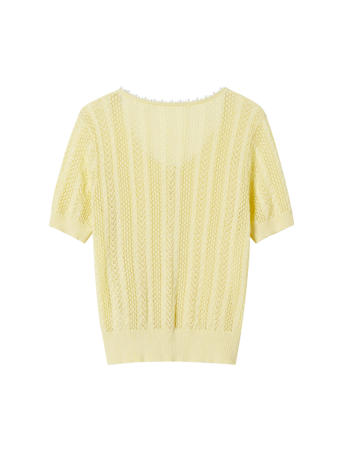 Pale Yellow Tencel Pearl Trim Knit Cardigan