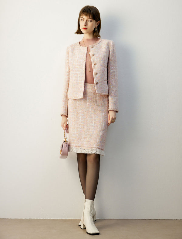 Wool Blend Tweed Midi Pencil Skirt