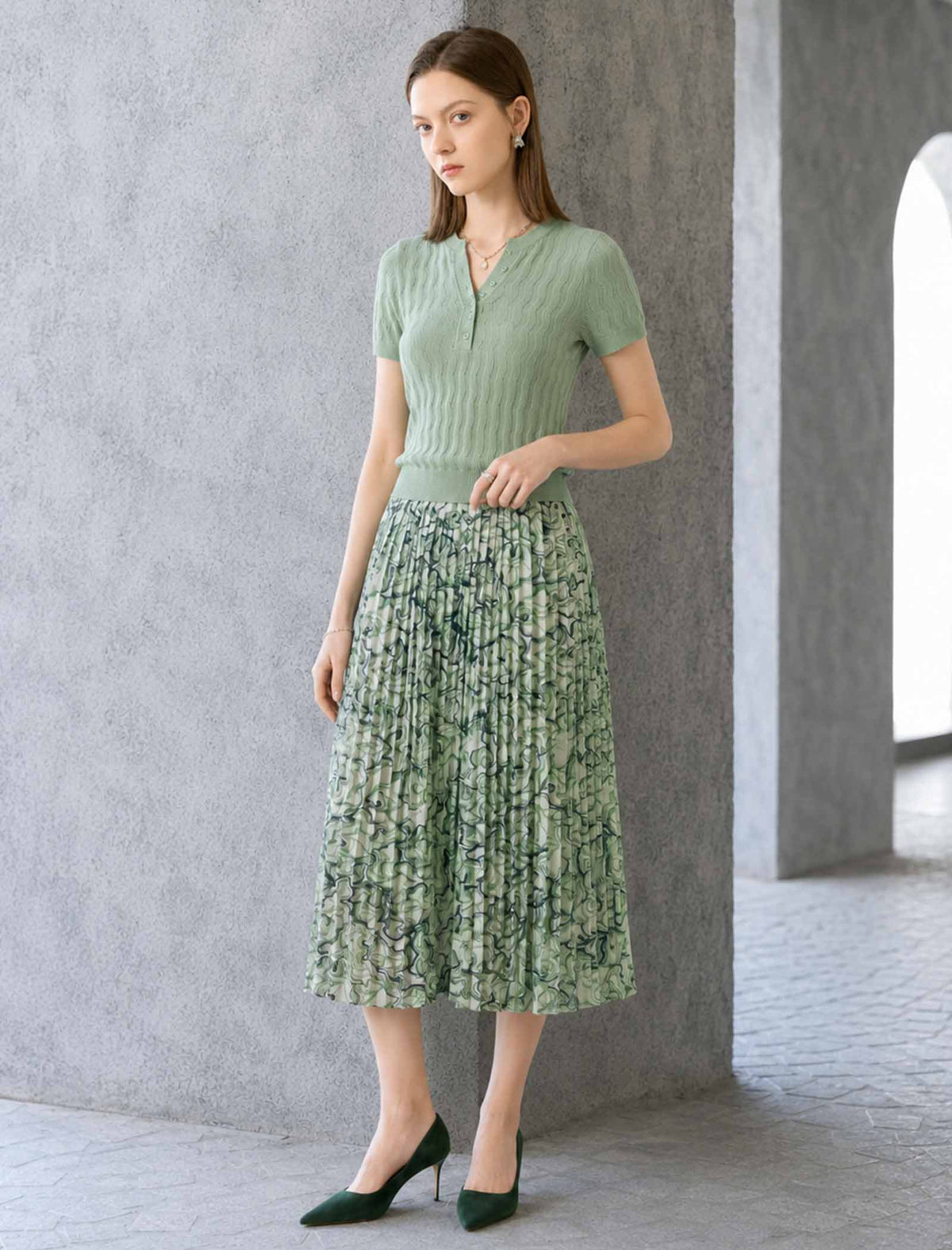 Wavy Openwork Tencel Linen Henley Knit Top