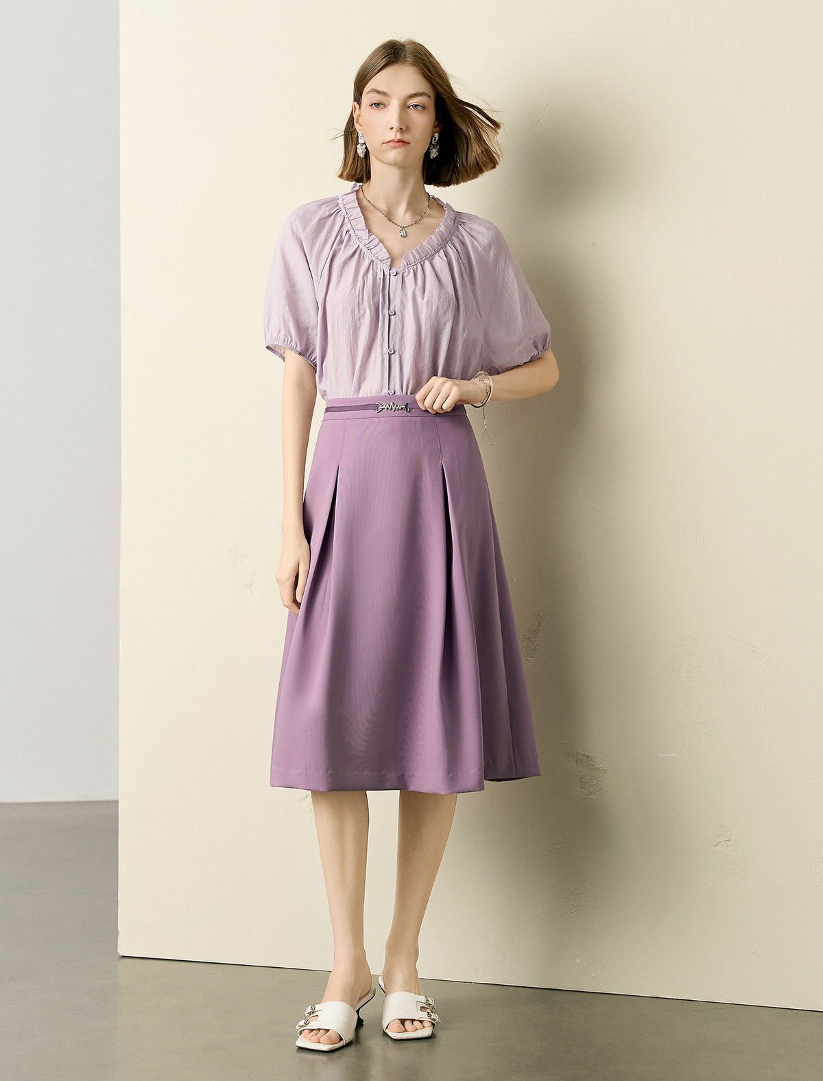 Solid Color Pleated Midi Skirt