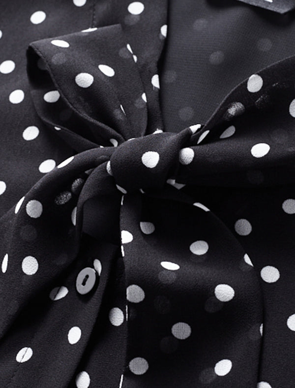 Polka Dots Bow Tie Ruffle Sleeve Blouse