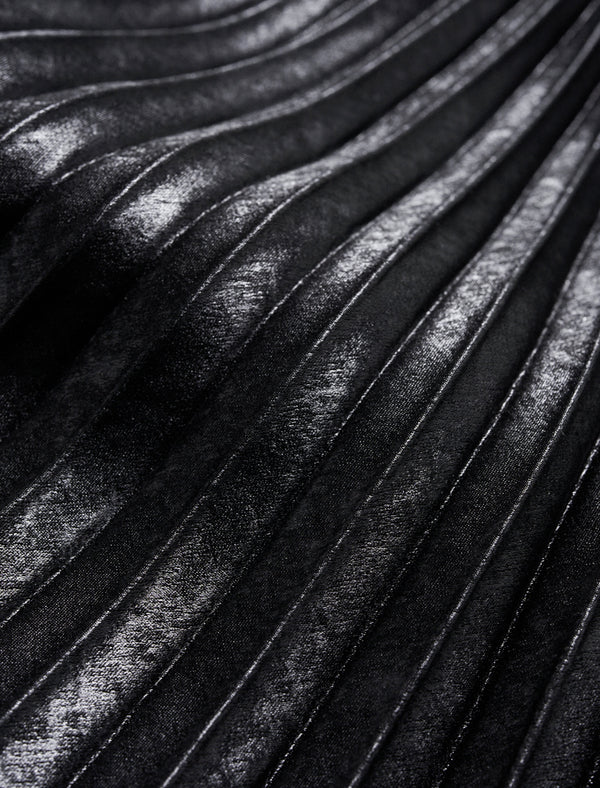 Black Metallic Pleated Midi Skirt