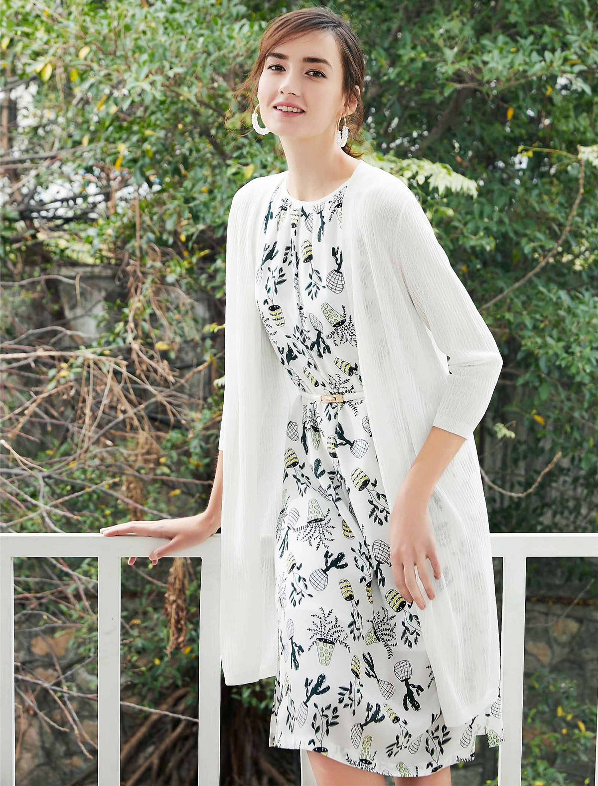 Cactus Print Silk Sleeveless Midi Dress