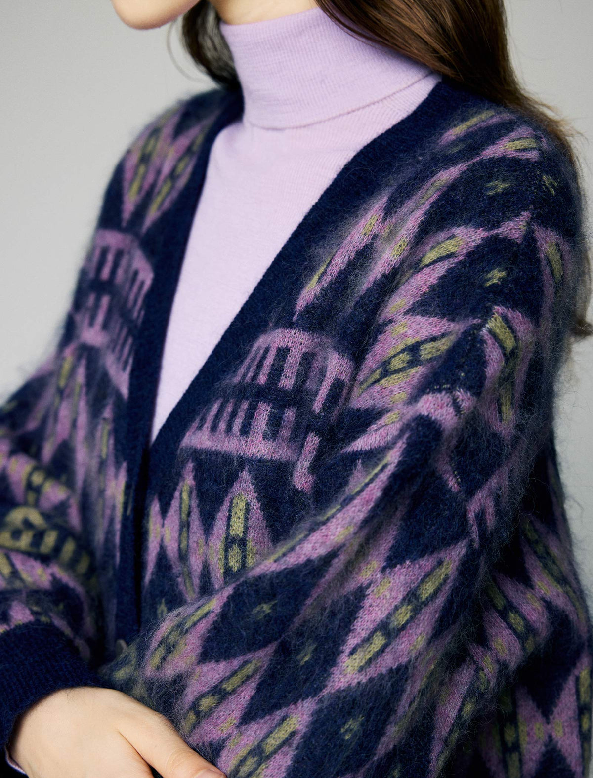 Wool and Mulberry Silk Blend Geometric V-Neck Button-Front Cardigan