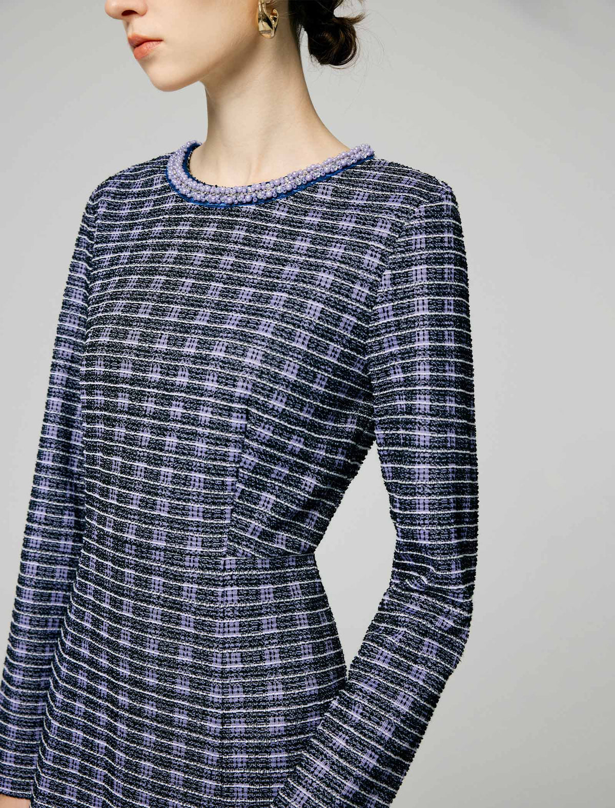 Beaded Crewneck Purple Check Fit Flare Dress