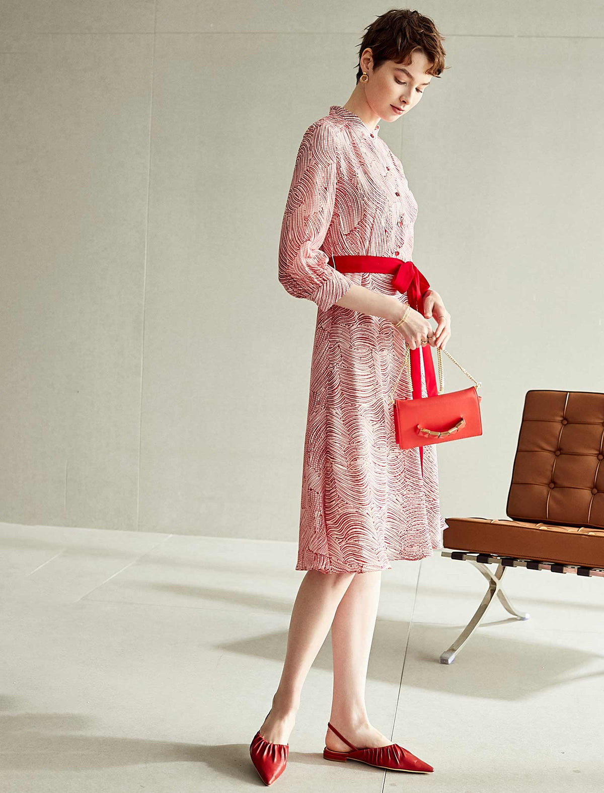 Wave-Print Red Sash Midi Dress