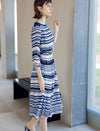 Blue Geometric Stripe 3/4 Sleeve Midi Dress