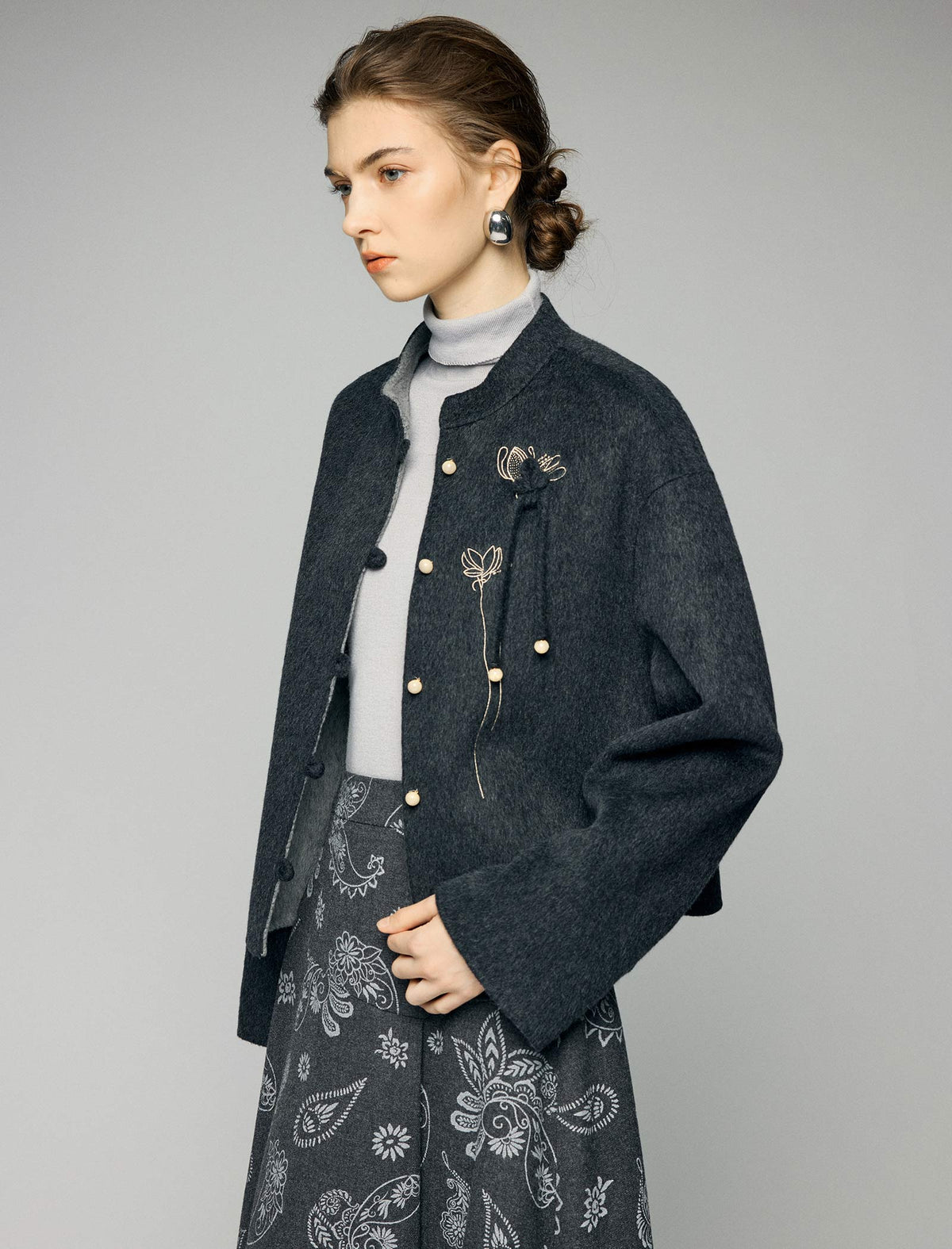 Wool Blend Frog-Button Fringe-Trim Stand-Collar Cropped Jacket
