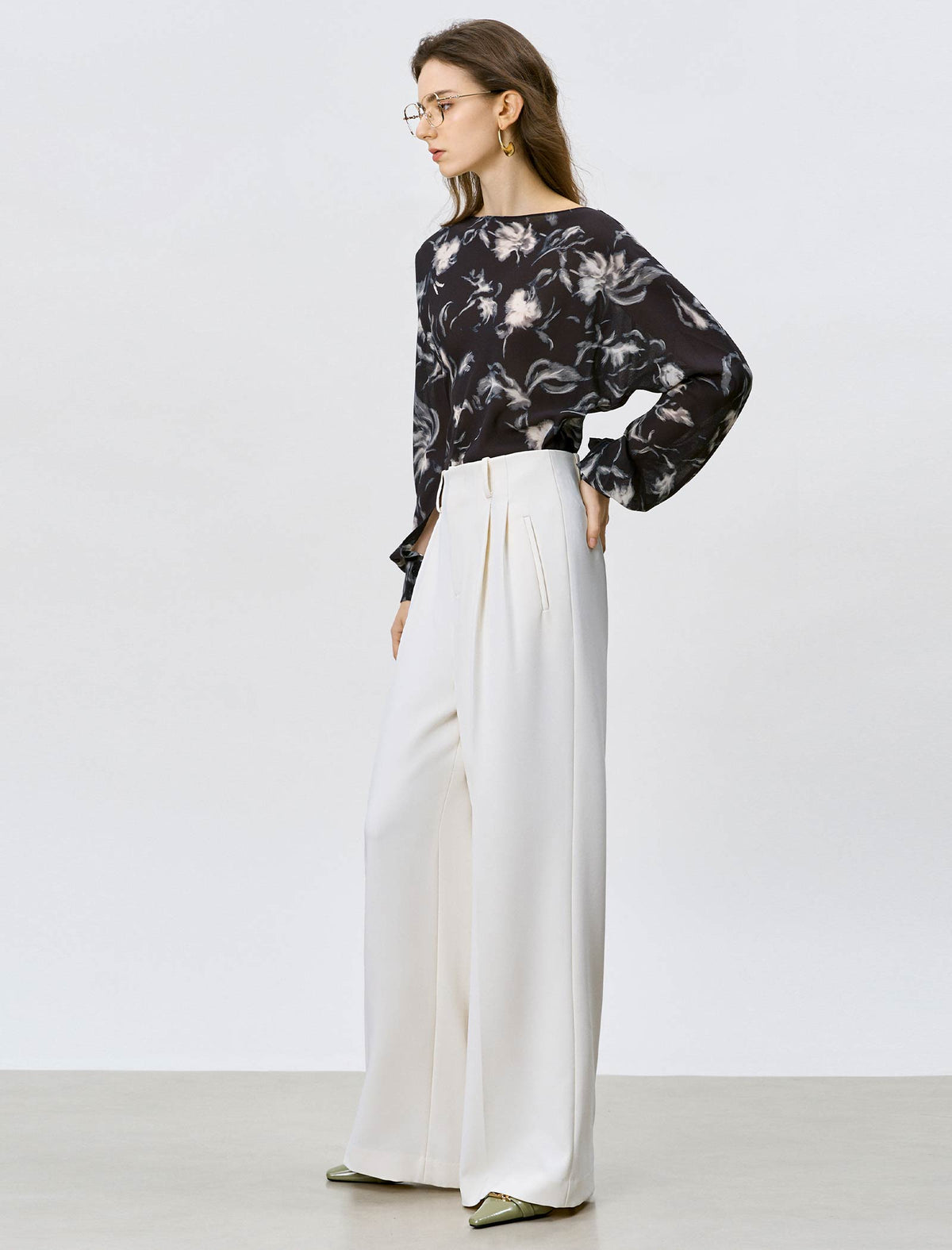 Abstract Floral Print Boat Neck Blouse