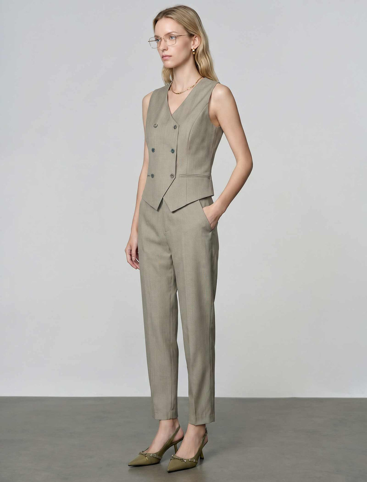 Sage Green Wool High Waist Straight Leg Cropped Office Pants