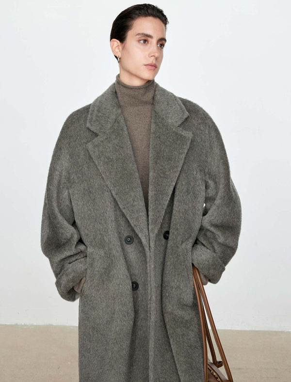100% Alpaca Double-Breasted Wool Long Coat