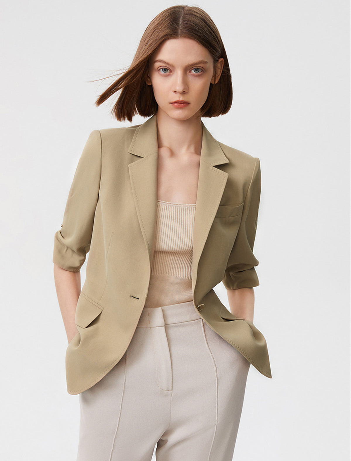 Lightweight Ruched Sleeve Blazer